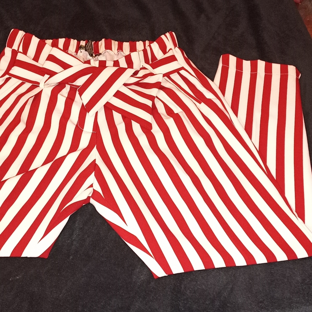 Red white striped elastic waist and tie front.